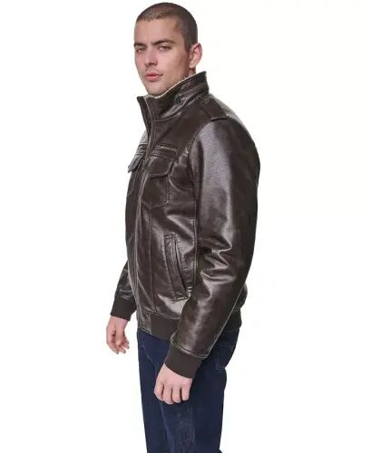 Men's Sherpa Lined Faux Leather Aviator Bomber Jacket - Brown - 3