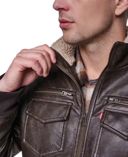 Men's Sherpa Lined Faux Leather Aviator Bomber Jacket - Brown - 4