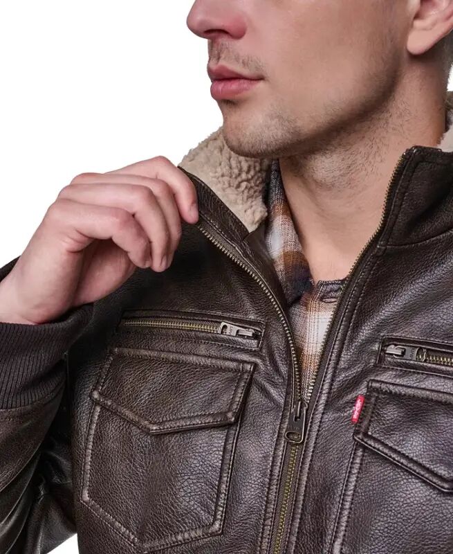 Men's Sherpa Lined Faux Leather Aviator Bomber Jacket - Brown - 4