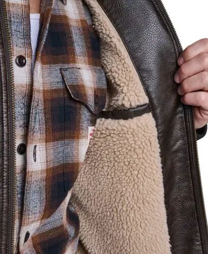 Men's Sherpa Lined Faux Leather Aviator Bomber Jacket - Brown - 6