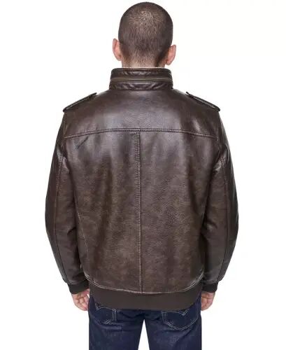 Men's Sherpa Lined Faux Leather Aviator Bomber Jacket - Brown - 7