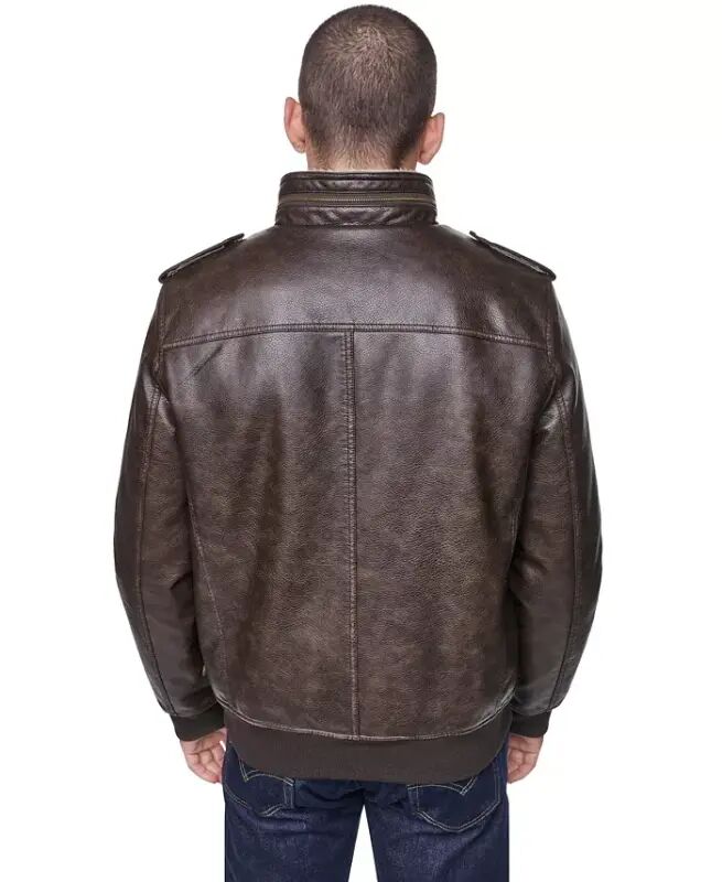 Men's Sherpa Lined Faux Leather Aviator Bomber Jacket - Brown - 7
