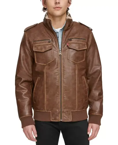 Men's Sherpa Lined Faux Leather Aviator Bomber - Saddle - 1