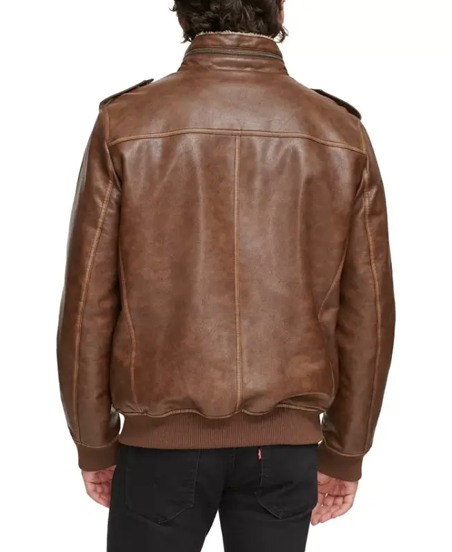 Men's Sherpa Lined Faux Leather Aviator Bomber - Saddle - 2