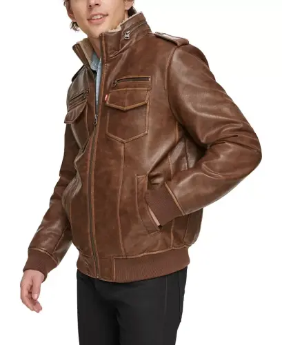 Men's Sherpa Lined Faux Leather Aviator Bomber - Saddle - 3