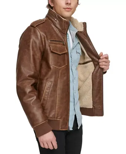 Men's Sherpa Lined Faux Leather Aviator Bomber - Saddle - 4