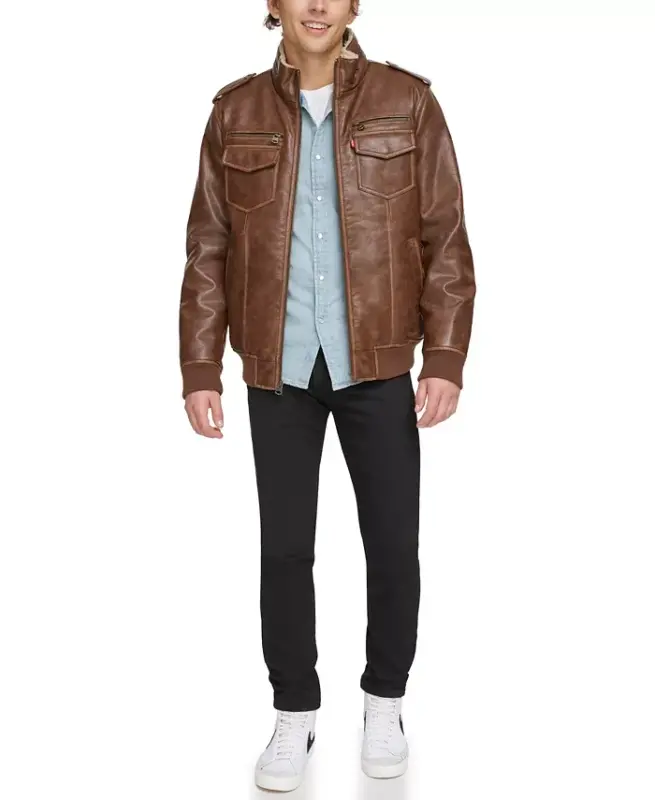 Men's Sherpa Lined Faux Leather Aviator Bomber - Saddle - 5