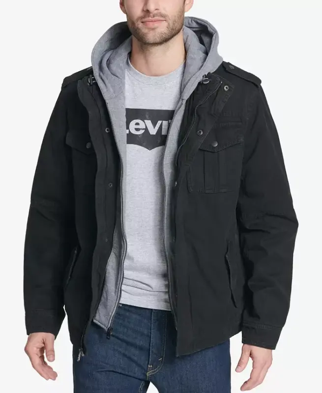 Men’s Sherpa Lined Two Pocket Hooded Trucker Jacket-Black - LEVI'S