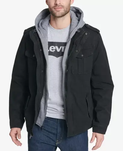 Men’s Sherpa Lined Two Pocket Hooded Trucker Jacket-Black 