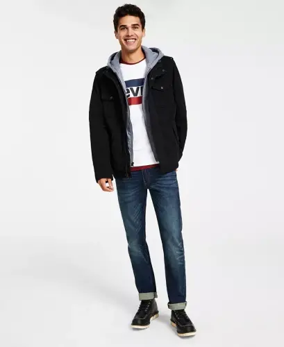 Men’s Sherpa Lined Two Pocket Hooded Trucker Jacket-Black - 2