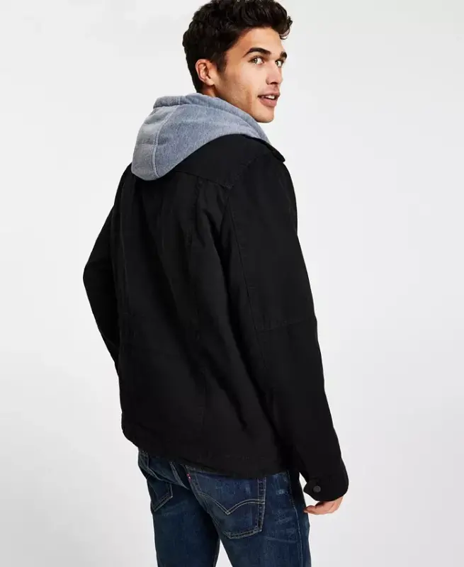 Men’s Sherpa Lined Two Pocket Hooded Trucker Jacket-Black - 3