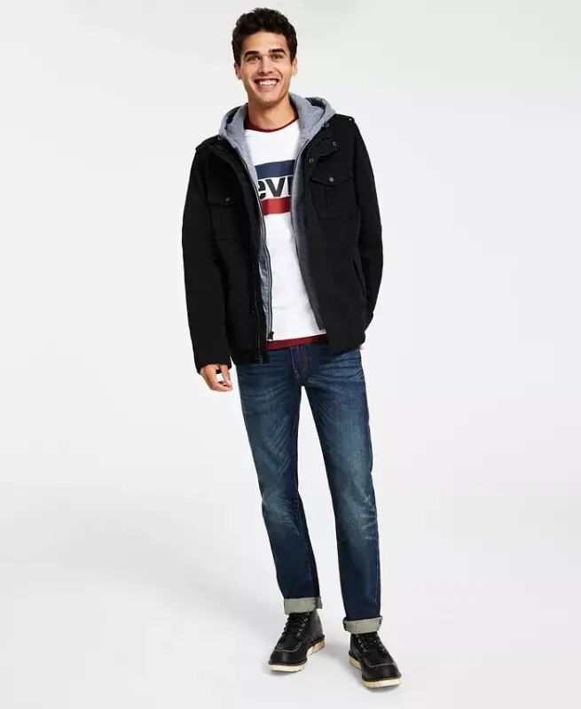 Men’s Sherpa Lined Two Pocket Hooded Trucker Jacket-Black - 2