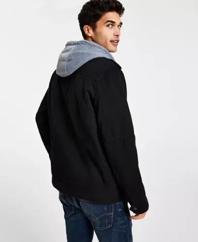 Men’s Sherpa Lined Two Pocket Hooded Trucker Jacket-Black - 3