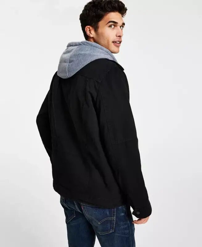 Men’s Sherpa Lined Two Pocket Hooded Trucker Jacket-Black - 3