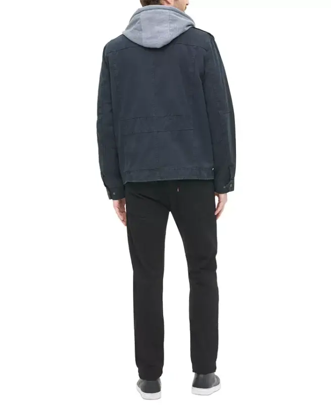 Men’s Sherpa Lined Two Pocket Hooded Trucker Jacket-Navy - 2