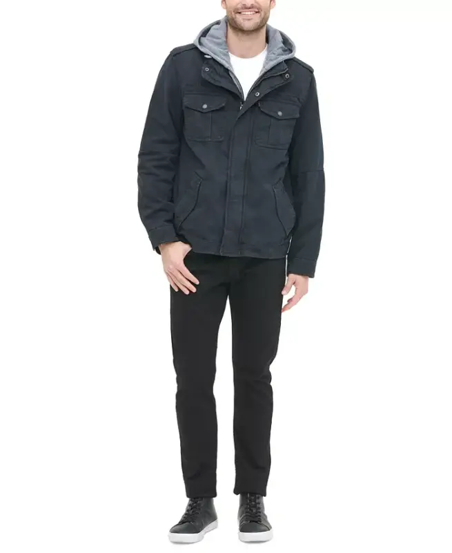 Men’s Sherpa Lined Two Pocket Hooded Trucker Jacket-Navy - 7