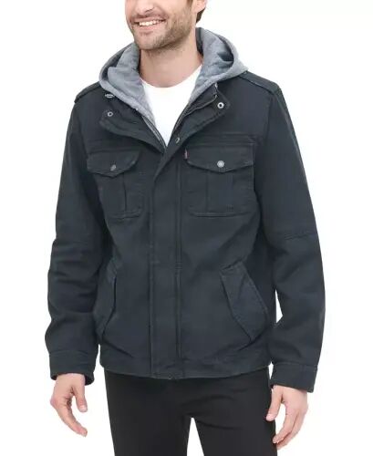 Men’s Sherpa Lined Two Pocket Hooded Trucker Jacket-Navy 