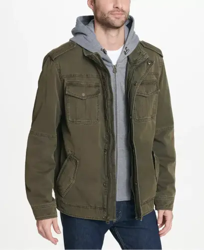 Men’s Sherpa Lined Two Pocket Hooded Trucker Jacket-Olive - 3