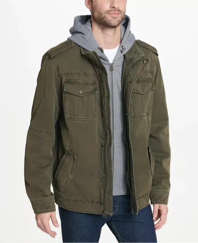 Men’s Sherpa Lined Two Pocket Hooded Trucker Jacket-Olive - 3