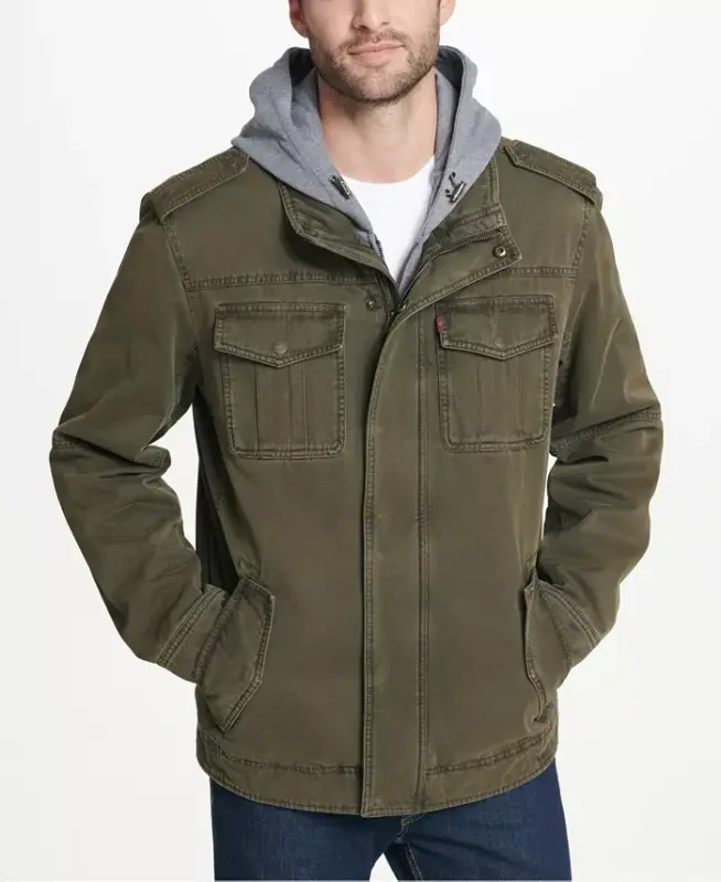 Men’s Sherpa Lined Two Pocket Hooded Trucker Jacket-Olive - 5