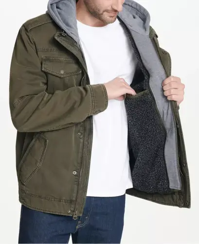 Men’s Sherpa Lined Two Pocket Hooded Trucker Jacket-Olive - 3
