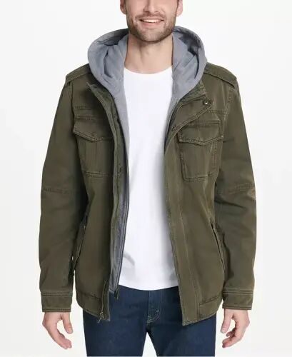 Men’s Sherpa Lined Two Pocket Hooded Trucker Jacket-Olive 