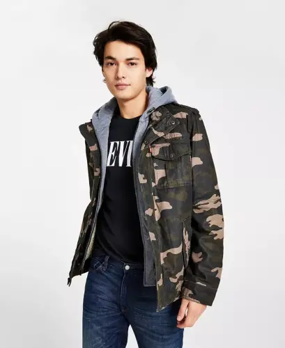 Men’s Sherpa Lined Two Pocket Hooded Trucker Jacket-Olive Camo 