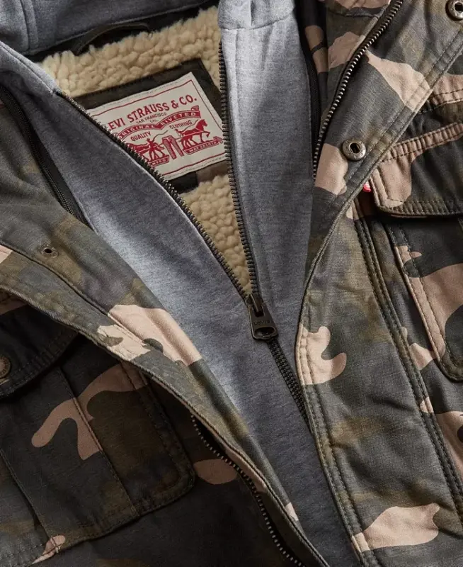 Men’s Sherpa Lined Two Pocket Hooded Trucker Jacket-Olive Camo - 4