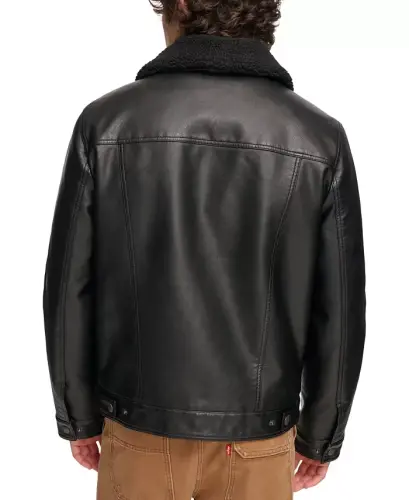 Men's Sherpa-Trim Faux-Leather Trucker Jacket-Black - LEVI'S (1)