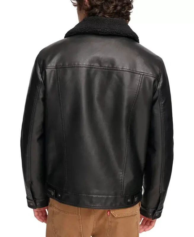 Men's Sherpa-Trim Faux-Leather Trucker Jacket-Black - 2