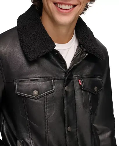 Men's Sherpa-Trim Faux-Leather Trucker Jacket-Black - 4