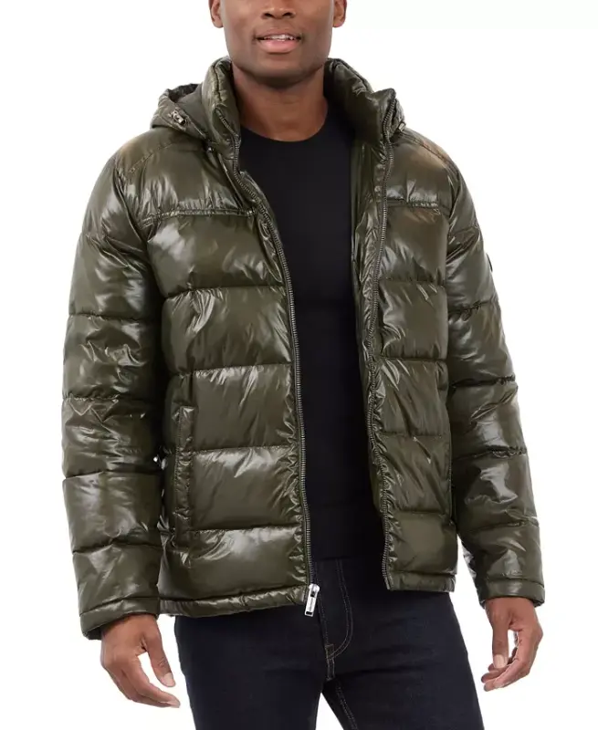 Men's Shine Puffer Jacket-Dark Olive - 1