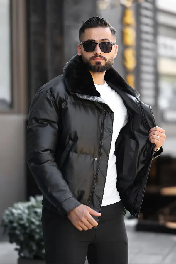 Men's Shiny Fur-Trimmed Leather Puffer Jacket - 1