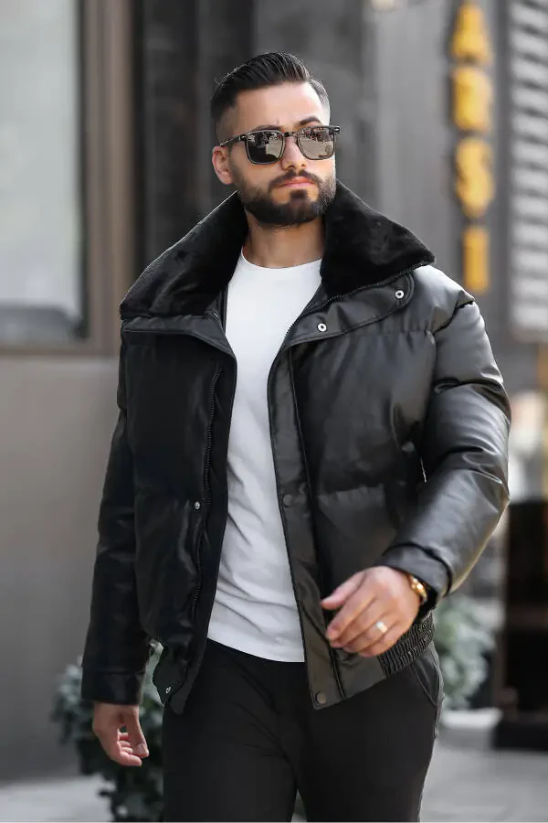 Men's Shiny Fur-Trimmed Leather Puffer Jacket - 2