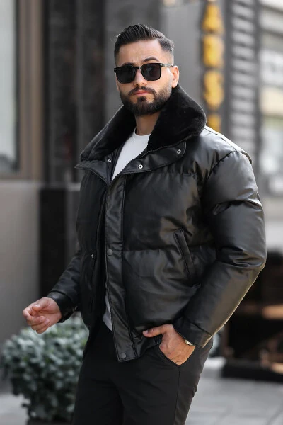 Men's Shiny Fur-Trimmed Leather Puffer Jacket - 3