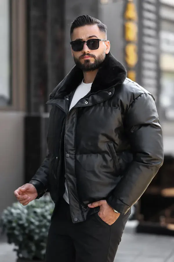 Men's Shiny Fur-Trimmed Leather Puffer Jacket - 3