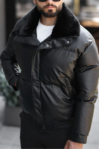 Men's Shiny Fur-Trimmed Leather Puffer Jacket - 4