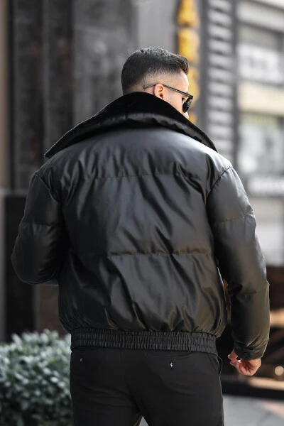 Men's Shiny Fur-Trimmed Leather Puffer Jacket - 5