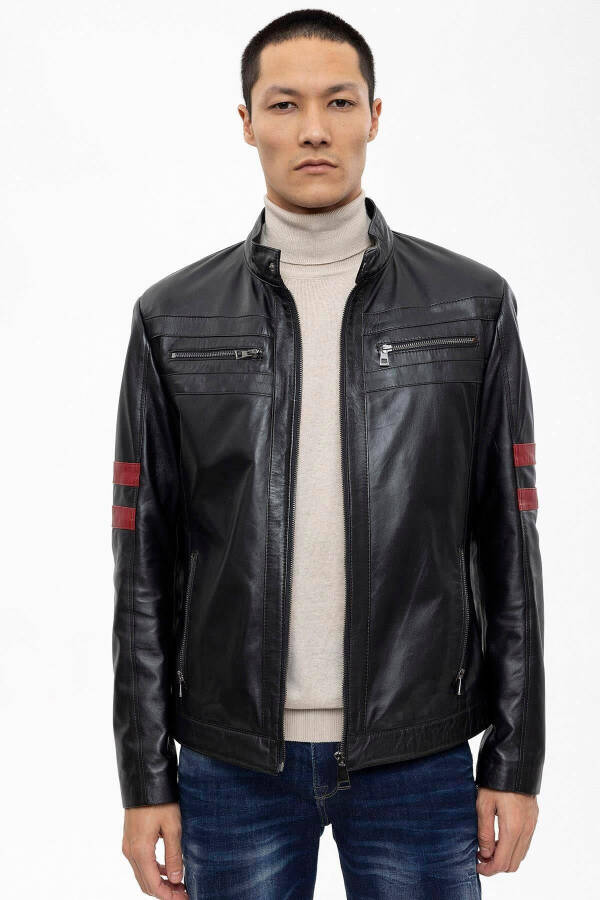 Men's short genuine leather jacket with zipper, red stripe, sporty lining. - 1