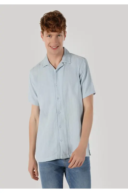 Men's short sleeve, blue, regular fit basic t-shirt. - 4