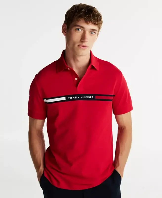 Men's Short Sleeve Embroidered Chest Stripe Polo Shirt-Medium Red - 1
