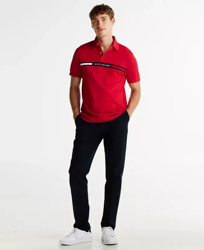 Men's Short Sleeve Embroidered Chest Stripe Polo Shirt-Medium Red - 2