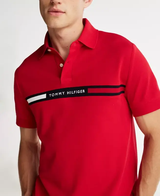 Men's Short Sleeve Embroidered Chest Stripe Polo Shirt-Medium Red - 3