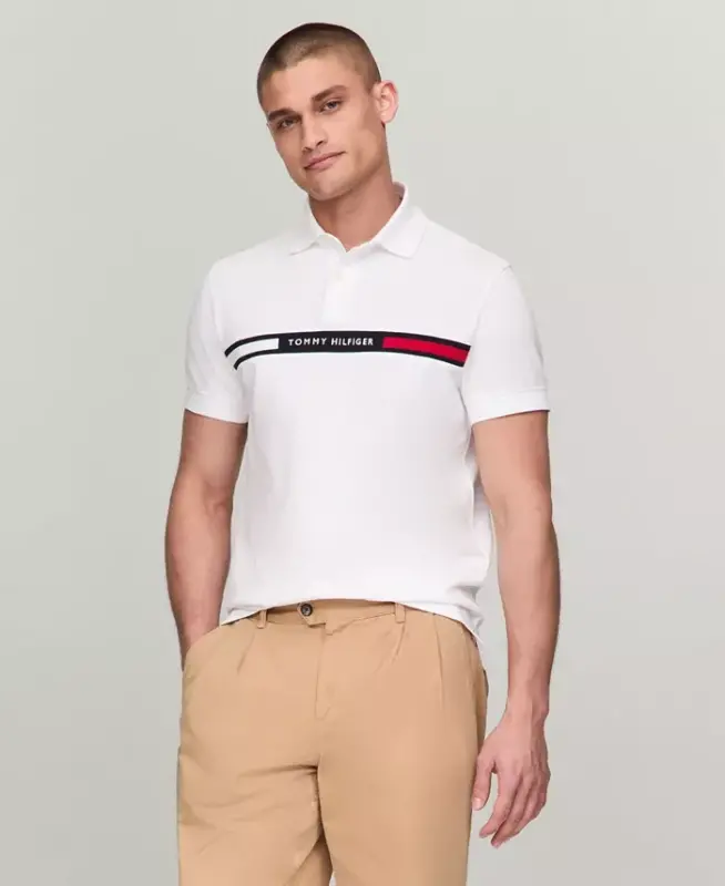 Men's Short Sleeve Embroidered Chest Stripe Polo Shirt-White - TOMMY HILFIGER
