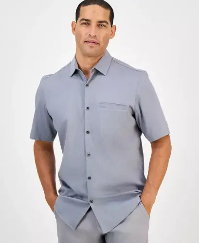 Men's Short-Sleeve Modern Stretch Dobby Shirt, Created for Modazone -Grey Combo 