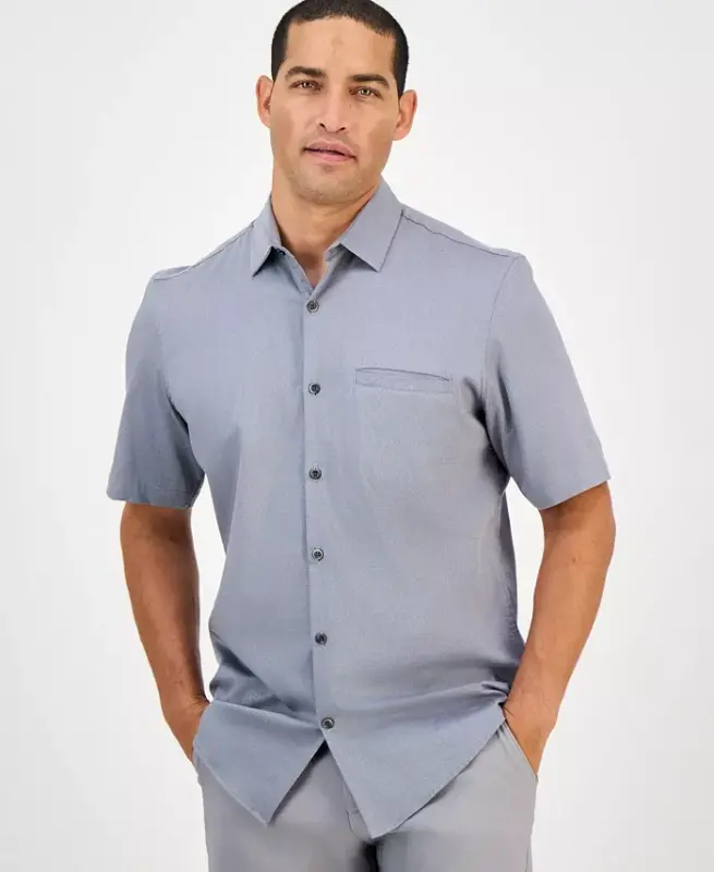 Men's Short-Sleeve Modern Stretch Dobby Shirt, Created for Modazone -Grey Combo - 1