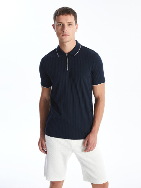 Men's Short Sleeve Polo Shirt with Textured Fabric - 10