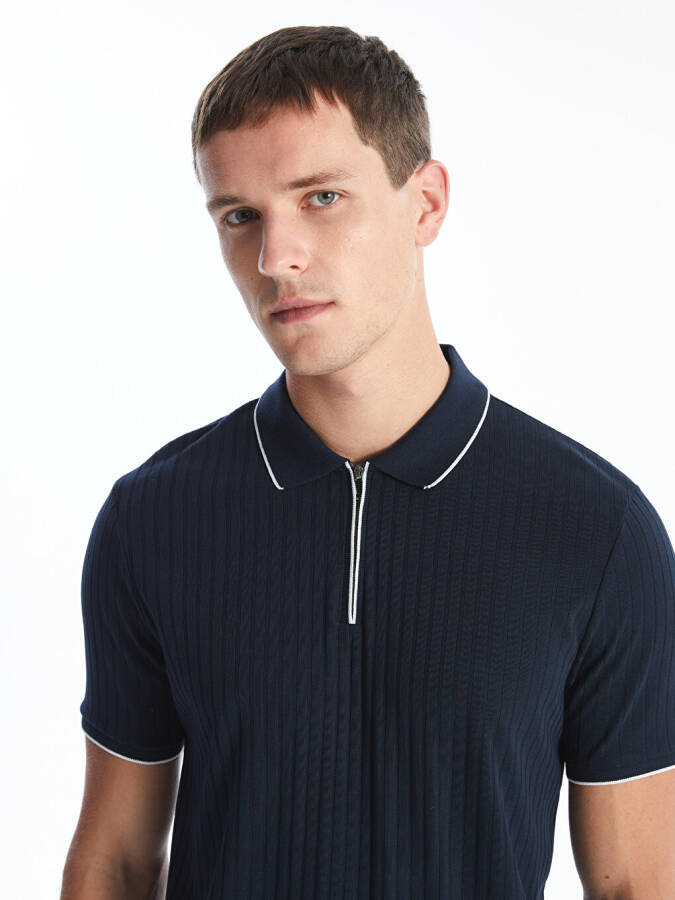 Men's Short Sleeve Polo Shirt with Textured Fabric - 11