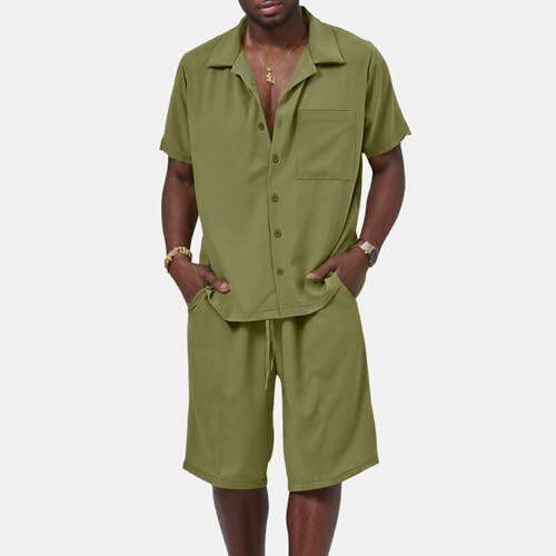 Men's Short Sleeve Shorts Two Piece Set Solid Color Button Down Collar Shirt Plus Size Casual Beachwear Pant Coat - 2