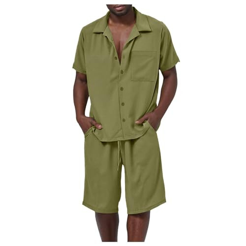 Men's Short Sleeve Shorts Two Piece Set Solid Color Button Down Collar Shirt Plus Size Casual Beachwear Pant Coat - 3